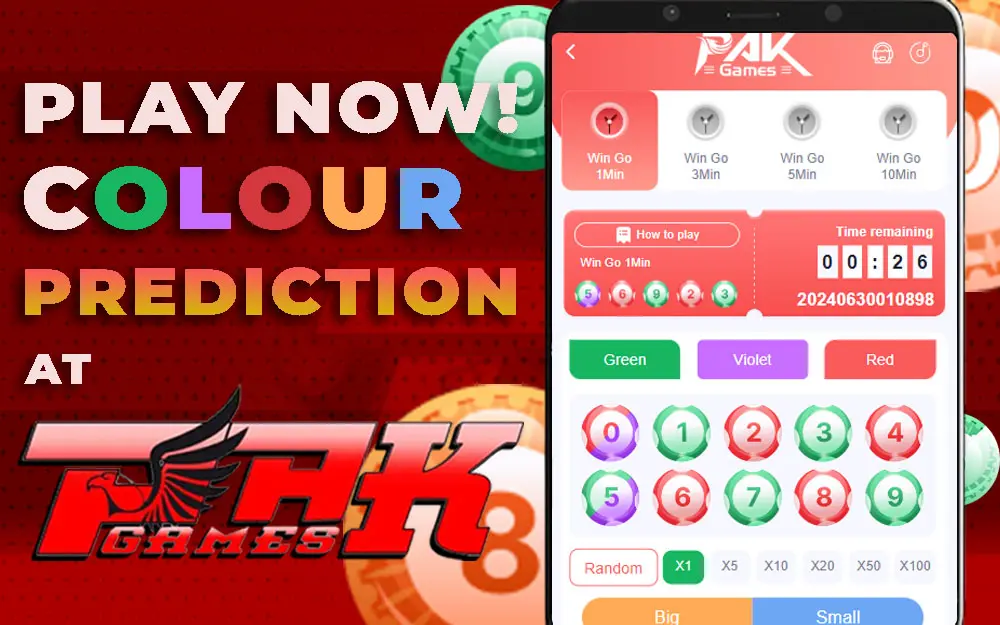 Play Now! PAK Games Colour Prediction. Choose Green, Violet, or Red. Timer shown with game interface.