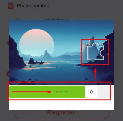 Verification screen with puzzle pieces. Slide to align the pieces to complete the verification step.