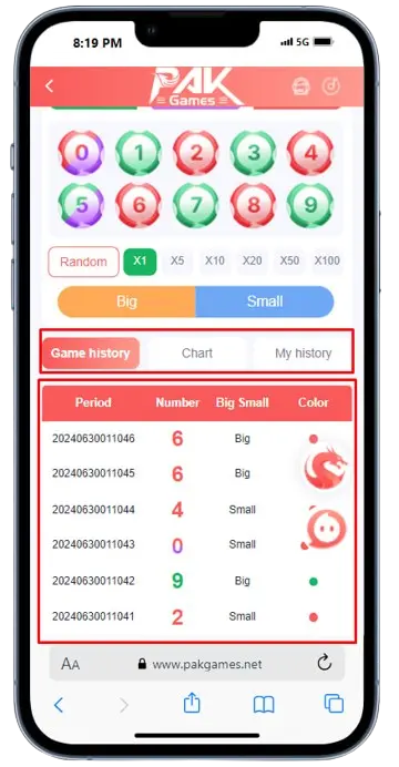 PAK Games colour prediction screen showing game history. Displays recent results with period, number, big/small, and color details.