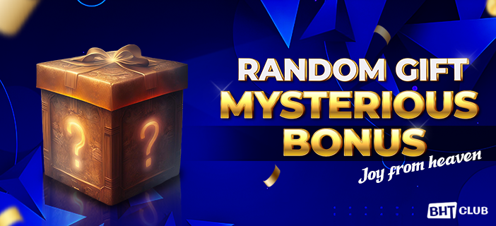A surprise gift box surrounded by casino chips and playing cards symbolizing mystery bonuses